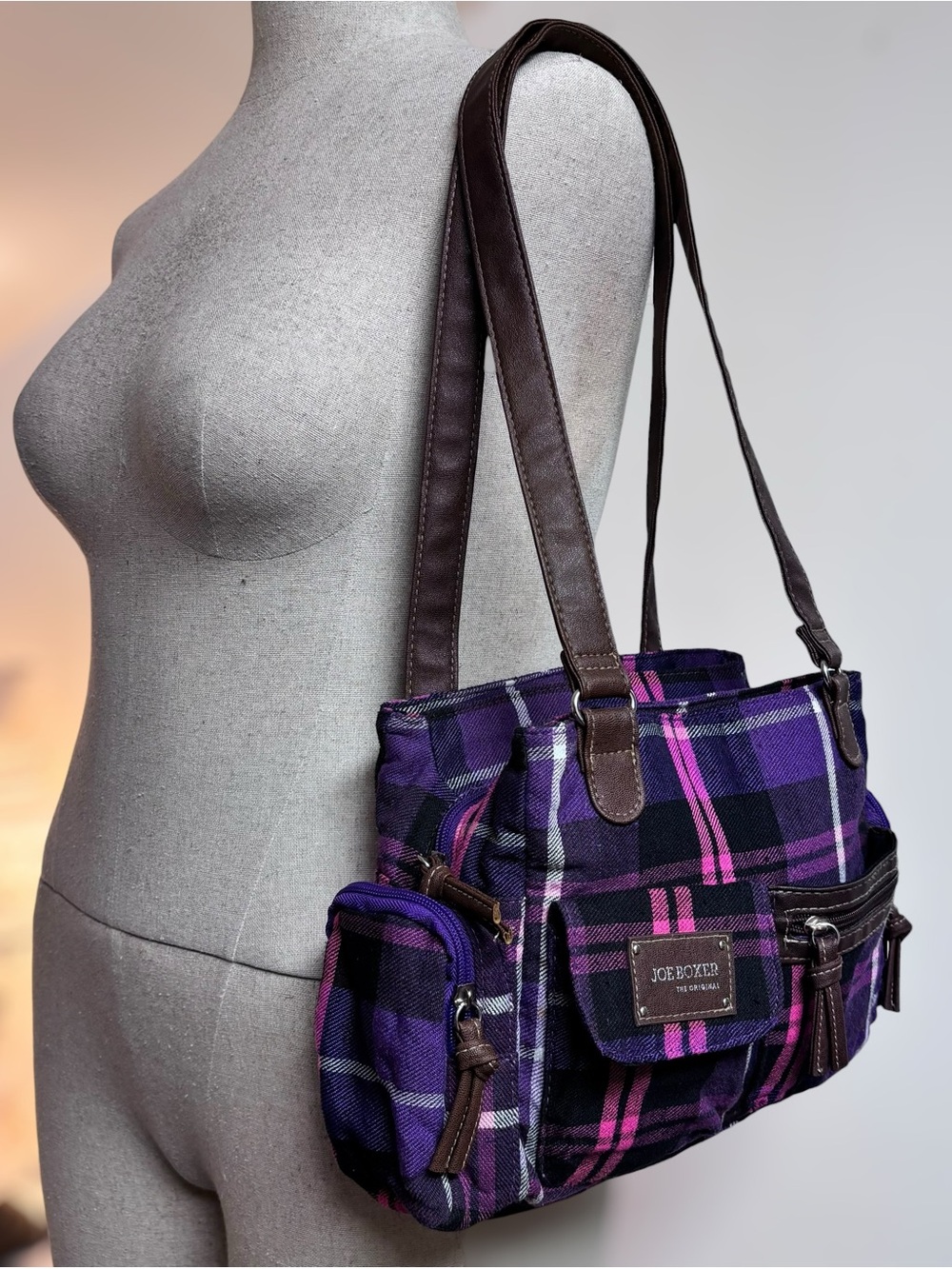 Joe Boxer Purple Plaid Bowler Bag with Brown Trim - Picture 7 of 9